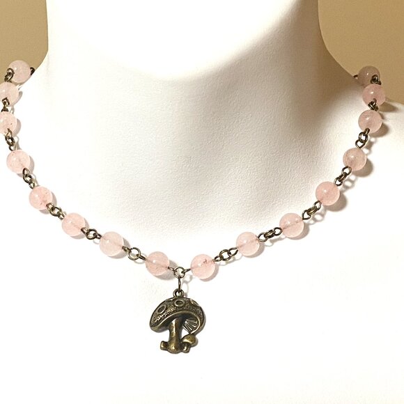 Natural Pink Rose Quartz Necklace, Bronze Round Mushroom+Genuine Gemstone Choker - Picture 2 of 14